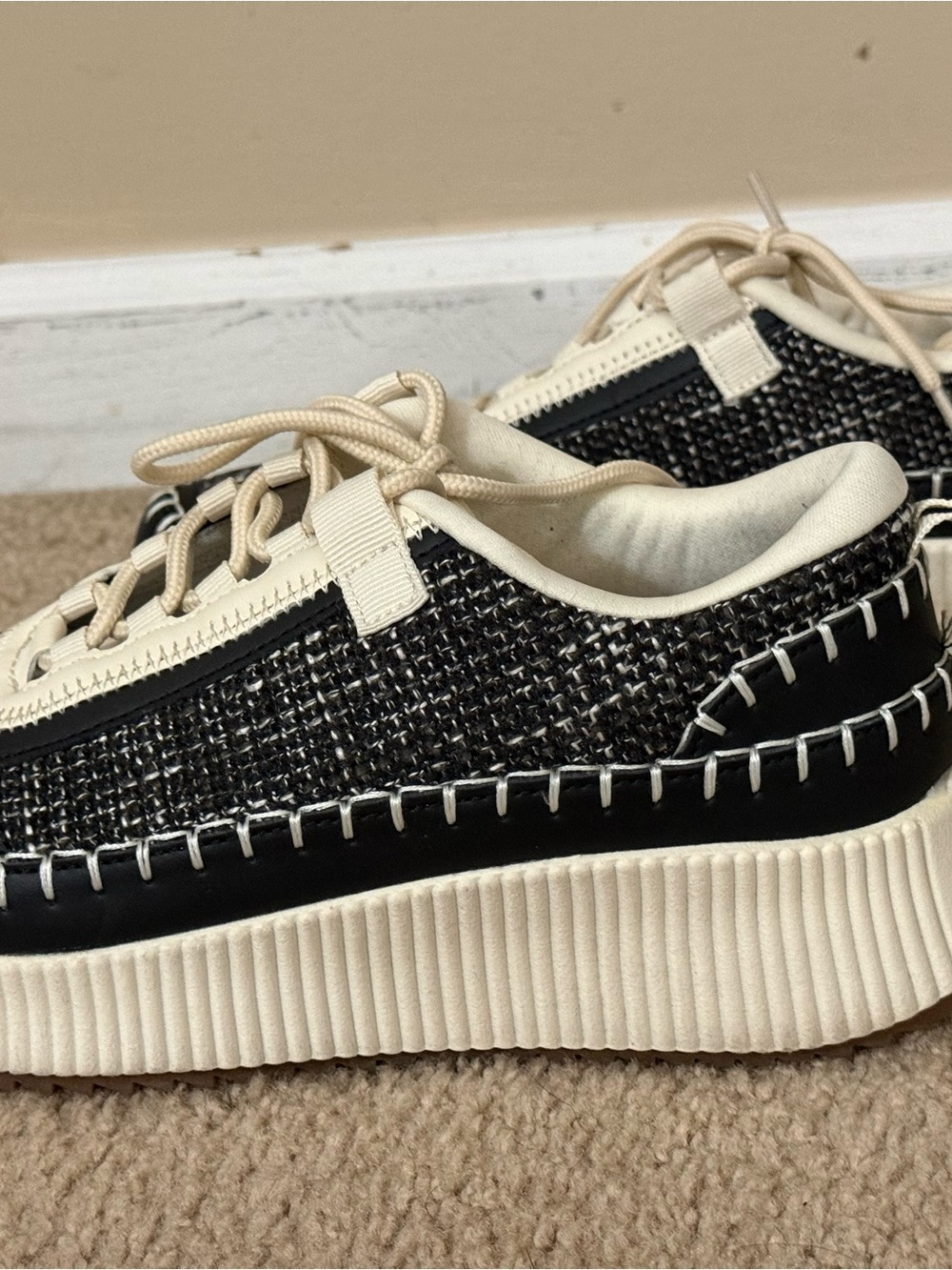 Woven Platform Sneakers — Black and Cream Lace-Up